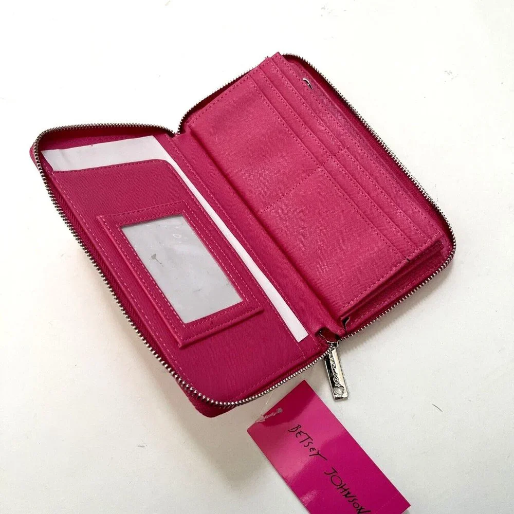 Betsey Johnson Pink Zip Around Long Wallet Double Heart Embossed Fuchsia